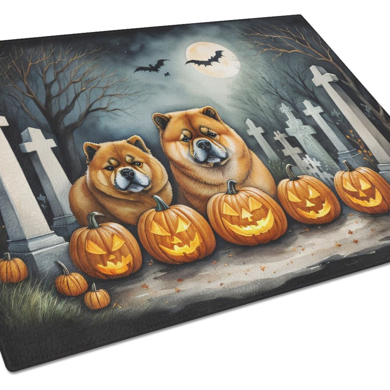 Edge Collections - 15" x 12" - Multicolor - Decorative Glass Cutting Board Chow Chow Halloween - 1 Piece